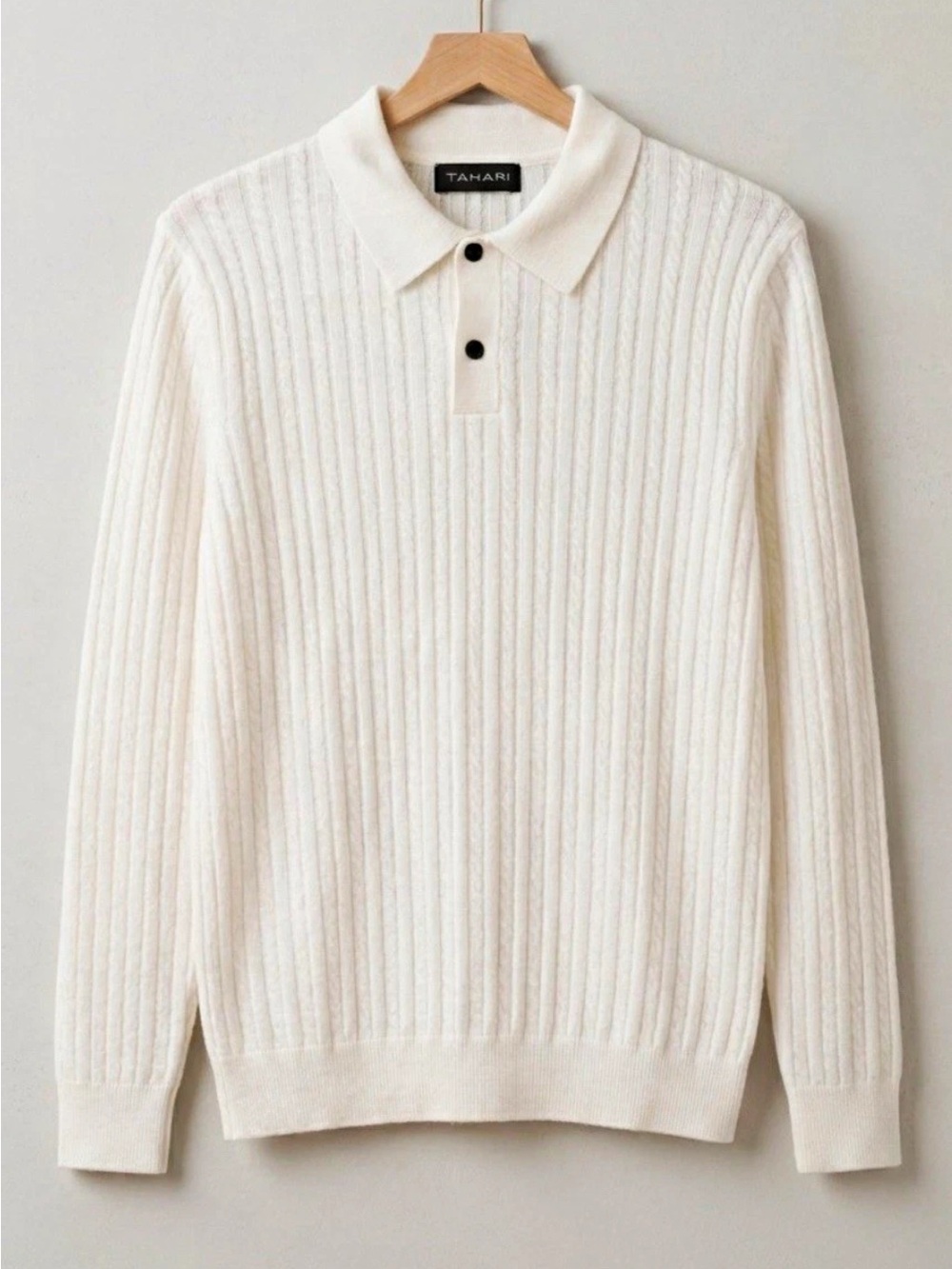 Tahari Cream Ribbed Crewneck Polo Sweater